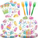 2 x 96 Pcs Happy Easter Plates and Napkins Forks Sets - Colorful Eggs Themed Round Tableware, Disposable Spring Flowers Paper Plates Napkins Set for Easter Party Supplies Favors Table Decor, Serves 24