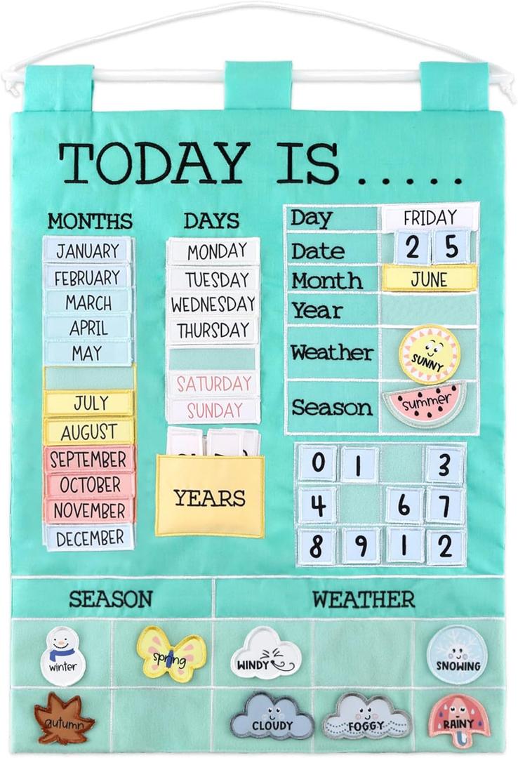 The Peanutshell Learning Calendar Wall Chart - Homeschool Supplies, Interactive Pocket Chart for Toddlers & Kids - Preschool Learning Activity Board, Circle Time Board for Classroom - Today is (Teal)