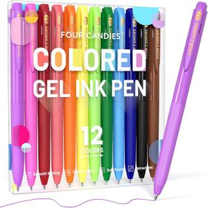 Four Candies Quick Dry Ink Colored Pens Set, 12 Colors Retractable Gel Pens, 0.7mm Fine Point Colorful Pen for Note Taking & Drawing, Colored Gel Pen with Comfort Grip for Office, School & Home
