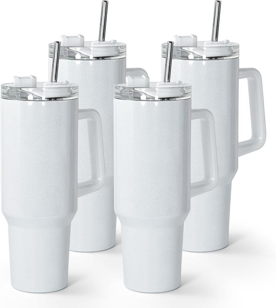 AGH 40 oz Sublimation Tumbler with Handle, 4 Pack Shimmer Glass Cups with Straw and Lid, Sublimation White Tumblers Blanks