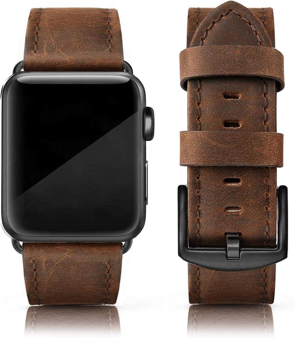 Leather Bands Compatible with Apple Watch 46mm 45mm 44mm 42mm(Series 1 2 3) Band Men Women, Vintage Genuine Leather Wristband Replacement Band Compatible for Apple Watch iwatch Series 10 9 8 7 6 5 4 SE (Classic Retro Walnut)
