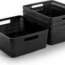 BINO | Woven Plastic Basket | Medium (Black), 4-Pack | THE JUTE COLLECTION | Home Organization, Space - Saving Storage, Stylish Design | Jute Basket | Plastic Storage Basket, 11"D x 13.5"W x 5.2"H