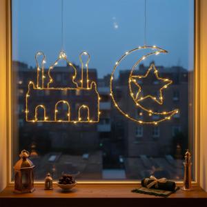 Eid Ramadan Mubarak Window Lights, 2 Pcs LED Hanging Decorations, Moon & Mosque Iron Art, Battery Operated with 8 Lighting Modes, Ramadan Decorations for Home & Festival Indoor & Outdoor Decor