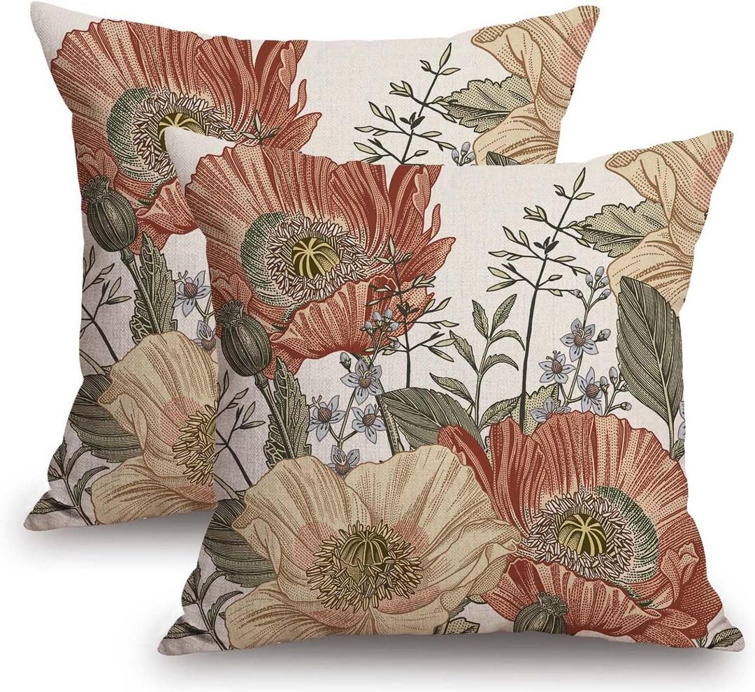 TSSOHU Vintage Flower Throw Pillow Covers 20x20 Brown Rust Colored Floral Botanical Pattern Decorative Pillows Outdoor Linen Farmhouse Cushion Case Country Pillowcase for Sofa Bed Room Decor Set of 2