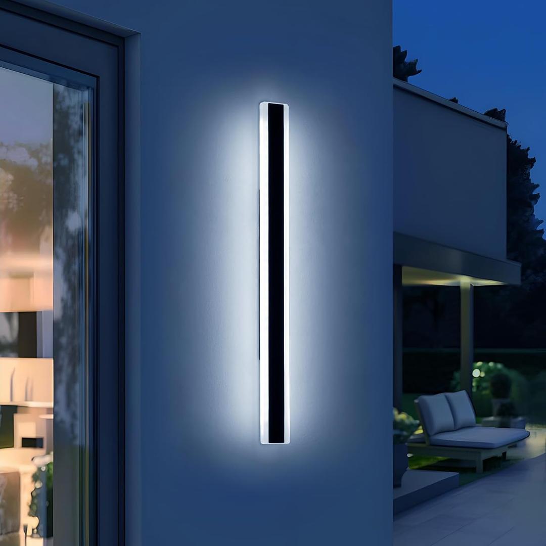 57inch Modern Long Outdoor Wall Lights, 3000K-6000K Dimmable Linear Wall Sconce, IP65 Waterproof, Black Exterior Lighting Fixture for House, Patio, Garden, Yard, House with Remote Control