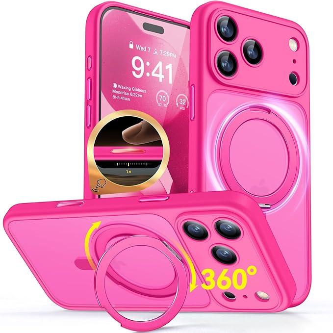 Spin Magnetic Stand for iPhone 17 Pro Max Case with Camera Control [Full Camera Protection] [Compatible with Magsafe] Translucent Matte Shockproof Protective Phone Cover 6.9" - Hot Pink
