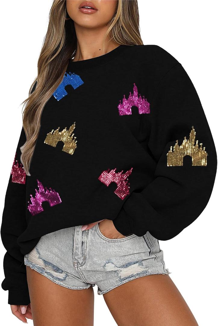 UNIQUEONE Oversized Bow Sweatshirt Womens Magic Kingdom Tee Shirt Colorful Pastel Bows Graphic Sweatshirts Holiday Pullover (Large, New Black)