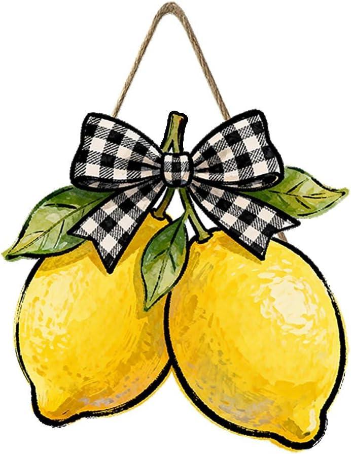 Harooni Lemon Welcome Door Sign for Front Door Spring Summer Hanging Wreath 10"x10" Fresh Lemon Wood Sign Front Door Farmhouse Fall Wall Porch Art Home Kitchen Living Room Indoor Outdoor Ornaments