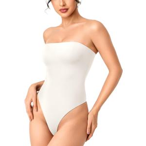 YEOREO Hyperflex Strapless Bodysuit Tube Top Off Shoulder Double Lined Thong Bodycon Slim Fit Summer Sexy Leotard (M, White)