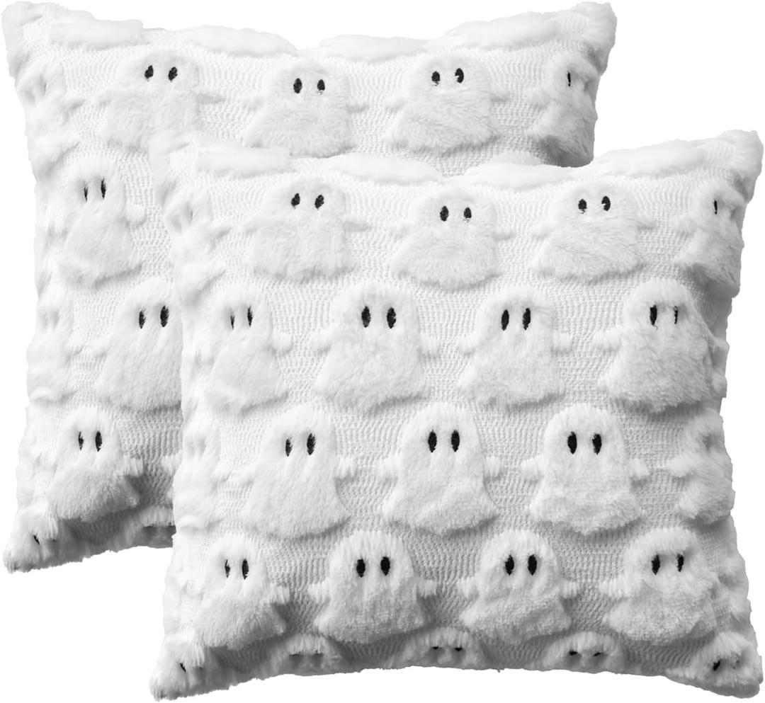 AVOIN colorlife Halloween Ghost White Throw Pillow Cover Set of 2, 16 x 16 Inch Soft Plush Faux Fur Jacquard Spooky Cushion Case Decoration for Sofa Couch