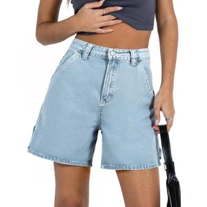 PLNOTME Womens High Waisted Denim Shorts Summer Casual Button Down Baggy Jean Shorts with Pockets (Blue)