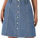 Rooscier Women's Button Down High Waisted A Line Jean Mini Denim Skirt with Pockets (Blue, XS)