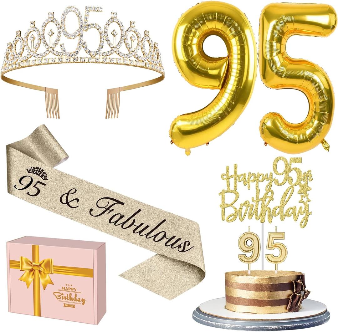 95th Birthday Decorations for Women Gold with 95th Birthday Sash and Tiara, Cake Topper and Candles, Number Balloons, 95 Year Old Gifts for Women