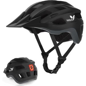Bike Helmet for Adults, Lightweight Mountain Bicycle Helmet with USB Rechargeable LED Rear Light, Removable Sun Visor for Women, Men, Suitable for Cycling and Commuting (Medium (21.6-22.8in), Black)