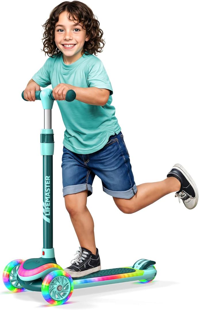 3-Wheel Kids Scooter with Multi-Color Lights on Deck & Wheels  5-Height Adjustable Handlebar, Wide Anti-Slip Deck, Child Safety Certified, Boys & Girls Ages 3+ Supports Up to 150 lbs (Aqua)