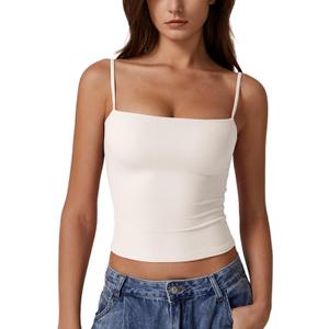 QINSEN Women's Double Lined Basic Tank Top Adjustable Spaghetti Straps Sleeveless Camisole Shirts (Medium, Beige)