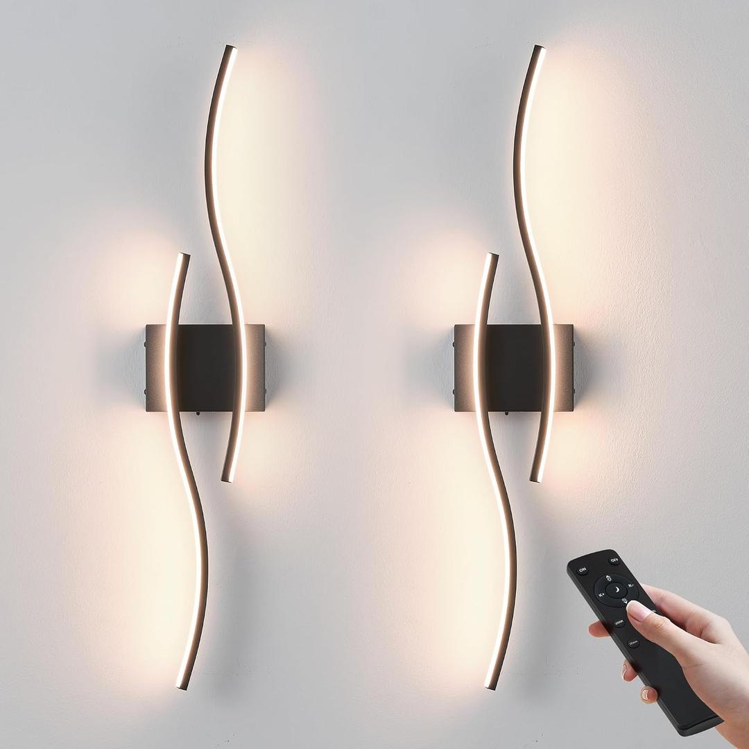 KARTOOSH Battery Operated Wall Sconces Set of Two with Remote Control, Dimmable/3 Color/Night-Light/Timer/Memory, Black Modern Wireless LED Sconce for Living Room, Hallway, Bedroom, 31.4 Inch (2 Pack)