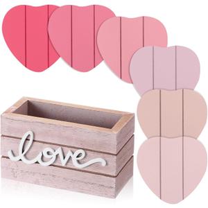 Patelai Set of 6 Wooden Heart Coasters House Warming Gifts New Home White Elephant Gifts for Adults Funny Farmhouse Coasters with Holder for Coffee Table Protection Decoration(Love,Pink)