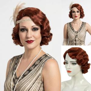 STfantasy 20S Finger Wave Wig Flapper Curly Synthetic Hair for Women 1920s Cosplay Costume Halloween Party Daily Everyday Wear (Reddish Brown)