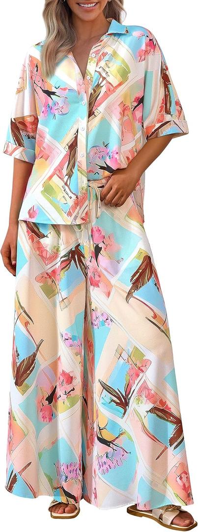 PRETTYGARDEN Women's 2 Piece Beach Vacation Outfit 2025 Casual Summer Floral Button Down Shirt Wide Leg Pants Matching Sets, Small, Floral White Multicolor 