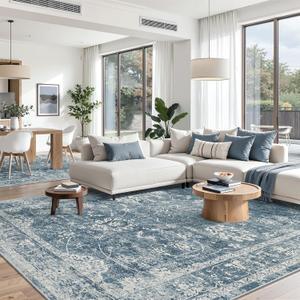 Madane 8x10 Area Rugs for Living Room, Machine Washable Vintage Rug with Non-Slip Backing, Soft Floral Print Large Throw Rugs, Thin Carpet for Bedroom Dining Room Farmhouse (8 x 10, Cadet Blue)