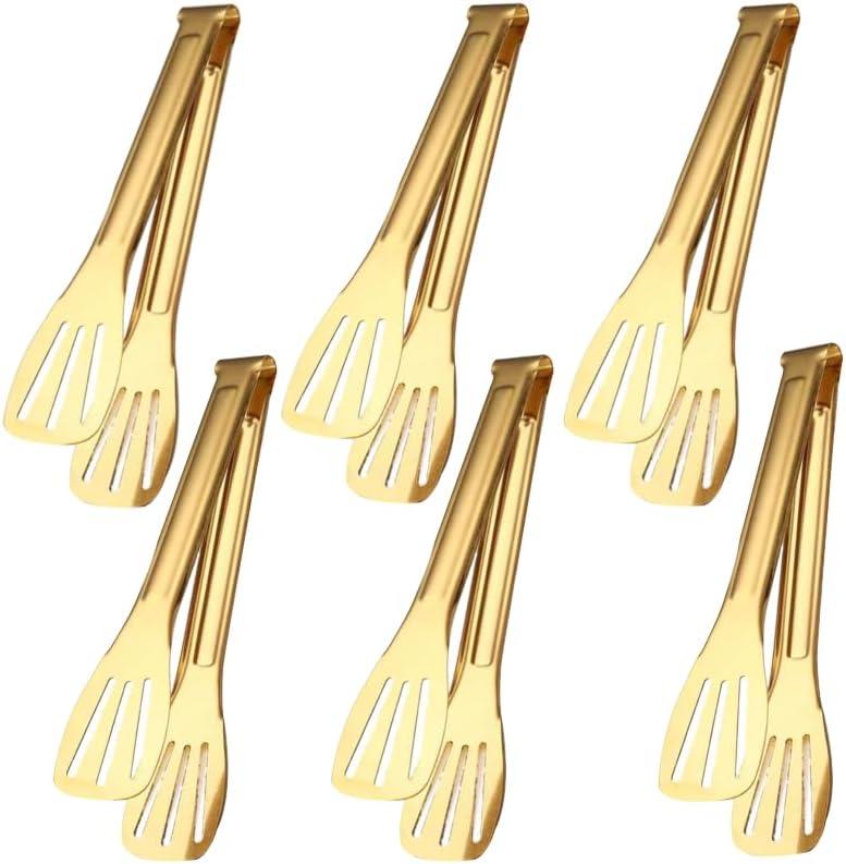 6 Pack Serving Tongs Kitchen Tong, 7 Inch Gold Buffet Tongs, Stainless Steel Food Tong Small Tong, Serving Tong for Buffet, Party, Salad, Appetizers