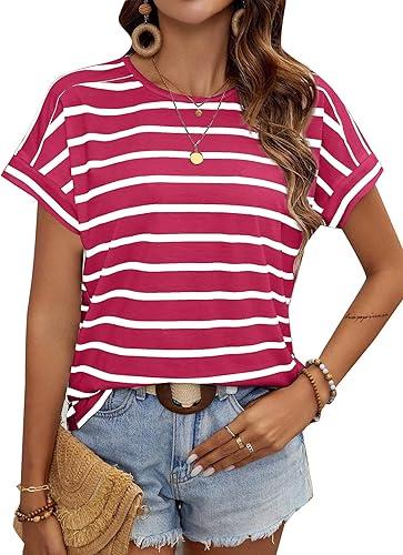 LilyCoco Womens Short Batwing Sleeve Striped Shirt Crew Neck, Medium