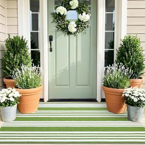 OLANLY Green and White Classic Striped Rug 2' x 4'3" (24" x 51")  Washable Cotton Indoor Outdoor Doormat for Front Door, Entryway, Kitchen, Porch, Patio Decor
