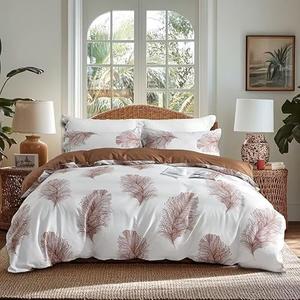 OAITE Duvet Cover Queen Size,Reversible Leaf Brown Duvet Cover Set with Zipper Closure, 3 Pieces Modern Patterns Soft Microfiber Bedding Set with 8 Ties(90’’*90’’,2 Pillow Cases)