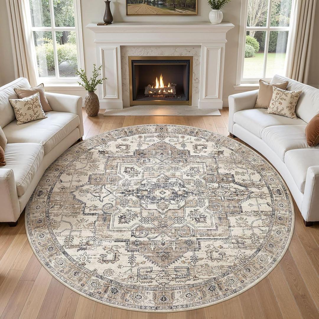 8ft Round Rug: Washable Vintage Tea Brown Area Rugs for Living Room