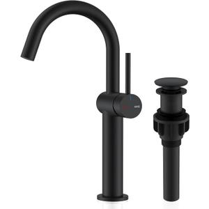 KENES Matte Black Tall Bathroom Vessel Sink Faucet, Single Handle Bathroom Faucet Single Hole, Tall Vanity Faucet with Pop Up Drain and Supply Lines, KE-9005C-2
