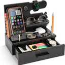 TESLYAR Wood Phone Docking Station with Drawer - Nightstand Organizer - Desk Organizer for Husband - Birthday Gifts for Men, Dad, Anniversary Idea, Key Holder Stand Watch & Accessories (Fumed Black)