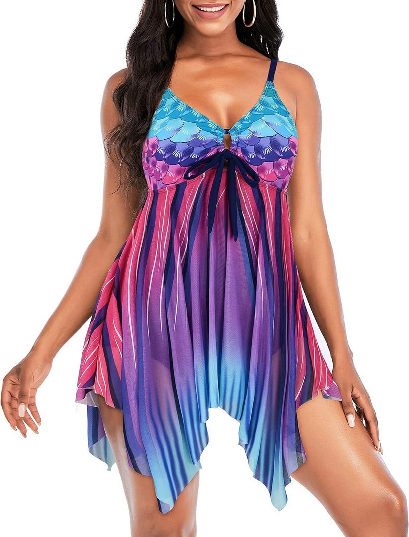 Zando Swimsuits for Women 2025 | Plus Size Swimsuit Tummy Control Modest | Flowy Swimdress (16-18, Mermaid)