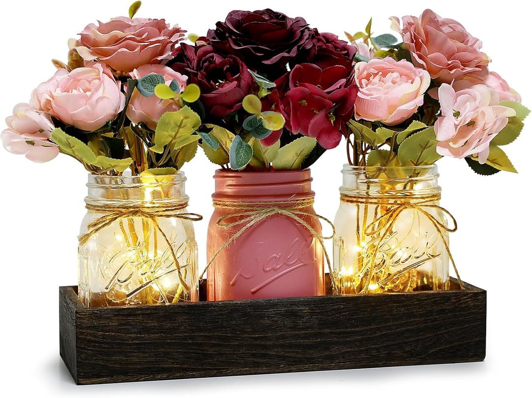 Mason Jar Centerpiece Table Decor for Dining Room Farmhouse Coffee Table Decor with Wood Tray Fairy Lights Fake Flowers for Valentine's Day Kitchen Living Dining Room - Burgundy Pink, 11 inches
