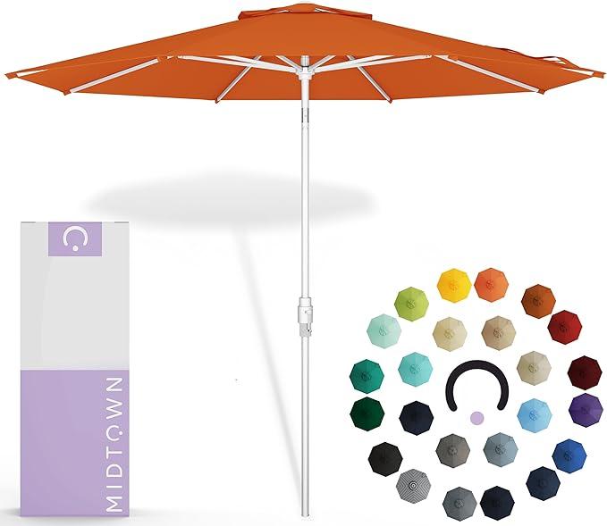 Midtown Umbrellas The Swilt 9 Feet Patio Umbrella in Sunbrella Red Acrylic Fabric - Fiberglass Ribs, Auto-Tilt Aluminum Frame For Backyard, Deck, Garden, Pool - White Pole