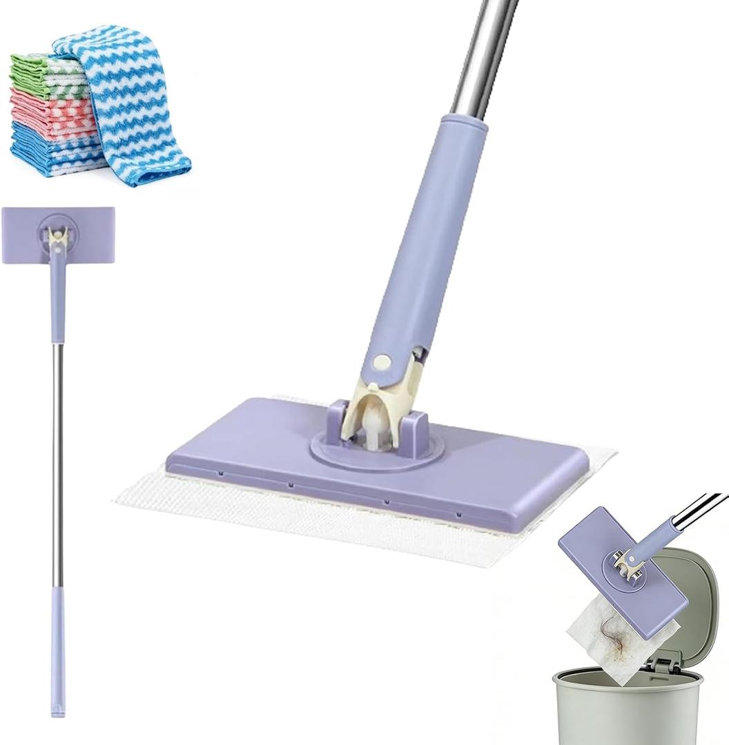 Snap Grip Mini Mop,Cloth Changing Mini Mop,360 Rotating Wet Dry for Whole House Cleaning,Foldable 35inch Retractable Long Handle Mopping Stick (Purple,1*p+6*Cloth)