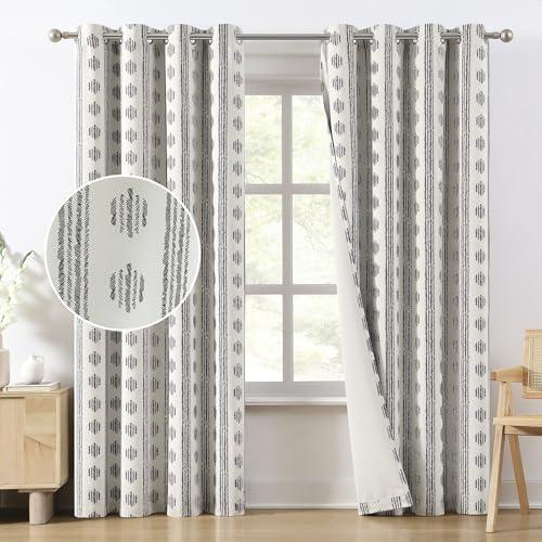 Melodieux Blackout Boho Curtains 96 Inches Long for Bedroom Black on Beige Striped Pattern Cotton Bedroom Curtains Grommet Room Darkening Curtain for Living Room Thermal Insulated 2 Panels