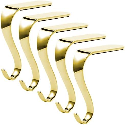Sunshane 5 Pieces Christmas Stocking Holders Mantel Hanger Hooks Xmas Mantle Grips Set Safety Hang Stocking Clips for Christmas Party Decoration, Gold