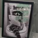Cute Raccoon Wall Decor Animal Bathroom Wall Art Black and White Raccoon on Toilet Canvas Picture Print Farmhouse Framed Cute Painting Restroom Decoration Ready to Hang (16"L x 12"W, JK0303)