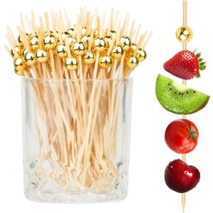 100PCS Cocktail Picks, Fancy Toothpicks for Appetizers, Decorative Skewers for Appetizers Drinks Party Fruit, 4.7 Inch Long Wooden Bamboo Gold Ball Food Sticks Charcuterie Boards Accessories