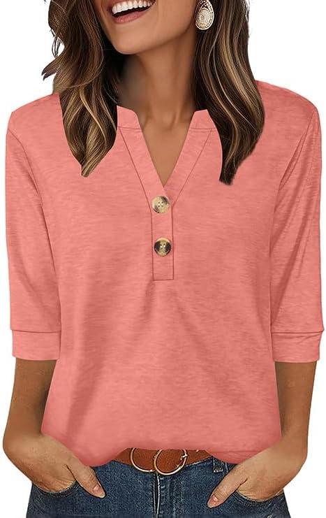 OFEEFAN Womens Tops 3/4 Sleeve Henley Shirts for Women Summer Outfits Fashion Clothing (X-Large, Coral)