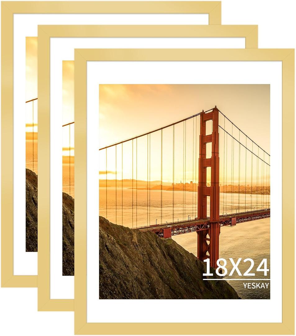 YESKAY 18x24 Picture Frame Gold Set of 3, Display Pictures 16x20 with Mat or 18 x 24 Without Mat, Poster Frames 18x24 for Wall Hanging Horizontal and Vertical