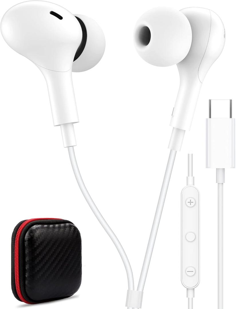 USB C Headphone for Samsung S23 FE S22 S21 S20 A53 A54 Wired Earbuds Magnetic in-Ear Type C Earphone with Microphone Volume Control Bass Stereo Noise Canceling for iPhone 15 Pro Max Pixel 6 6a 7a 8 5 (White)