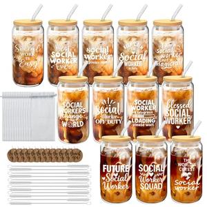 Cubotn 12 Set Social Worker Appreciation Gifts Bulk Christmas Gifts for Social Worker Employee Coworker Team Staff Thank You Gifts Glass Cups 16 oz with Lids Straws Brushes and Gift Cards
