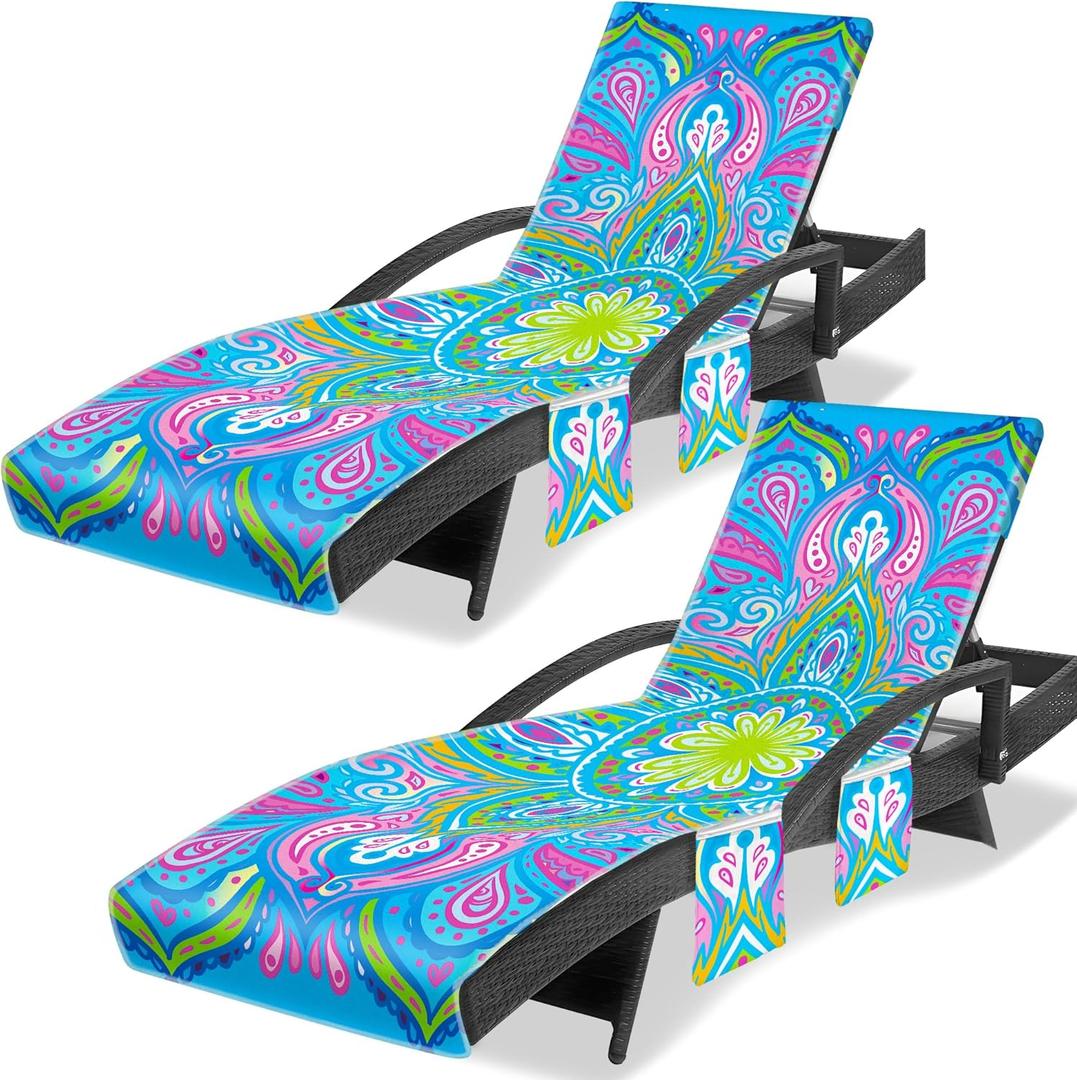 Lounge Chair Towel Cover (Pack of 2), Chaise Lounge Cover, Beach Chair Covers with 3 Pockets for Trips Beach Pool Garden Sunbathing Courtyard, 85 x30 in, Mandala Style Green Blue