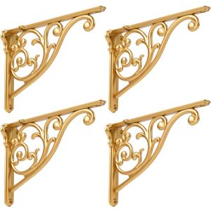 Gold Heavy Duty Shelf Brackets 8 x 5.5 Inch, Rustic Gold Iron L Shelf Bracket, Industrial Modern Metal Floating Shelf with Hardware for DIY Open Shelving, 4 Pack (8inch-4pcs, Antique Gold)
