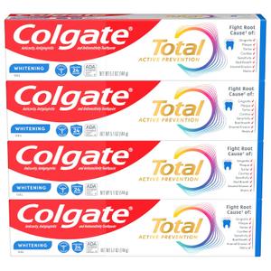 Colgate Total Active Prevention Whitening Gel Toothpaste with Fluoride, Bulk with Clinically Proven Formula That Fights Plaque Bacteria, Mint, 4 Pack, 5.1 oz BBD: 03/2027
