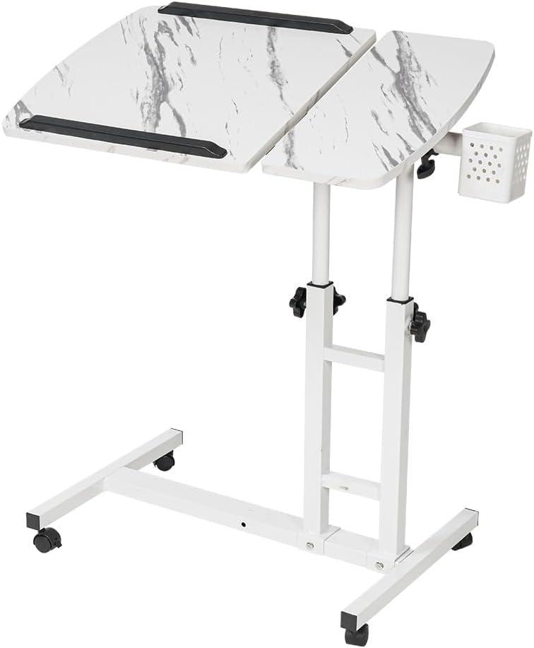 Overbed Table,Adjustable Laptop Desk with Cart, Computer Workstation, Bed Side Table, Tiltable Table and Mouse pad for Laptop-Marble White, 15.75 x 17.32 inches
