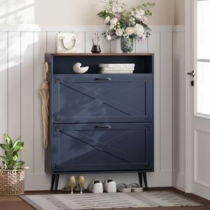 ZYKZYK Shoe Storage Cabinet with 2 Flip Drawers Narrow Shoe Rack Cabinet Farmhouse Design Freestanding Shoe Organizer with Open Storage for Entryway, Hallway, Foyer, Blue Walnut