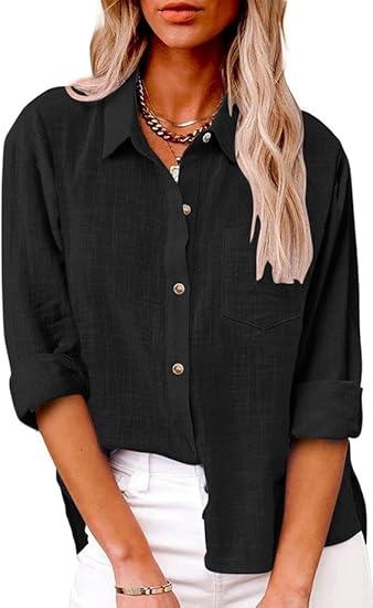 Women's Cotton Work Button Down Shirts Basic Long Sleeve Office V Neck Shirt Casual Business Blouses Tops, Small